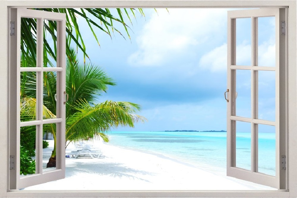3D Effect Window View WALL STICKERS Tropical Beach Palm Framed Vinyl Decal Decor Mural Kitchen Bathroom motorbike wall art