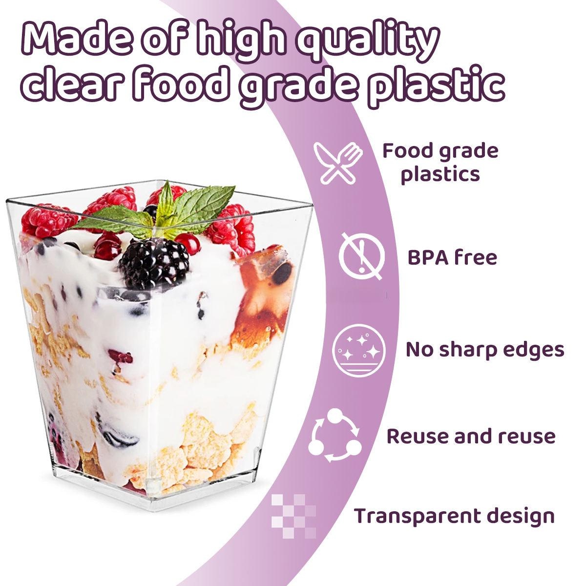 Wielorazowe kwadratowe plastikowe kubeczki na desery z łyżeczkami Przezroczyste kieliszki na przekąnarty mini kieliszki na smakołyki robić degustacji słodkości