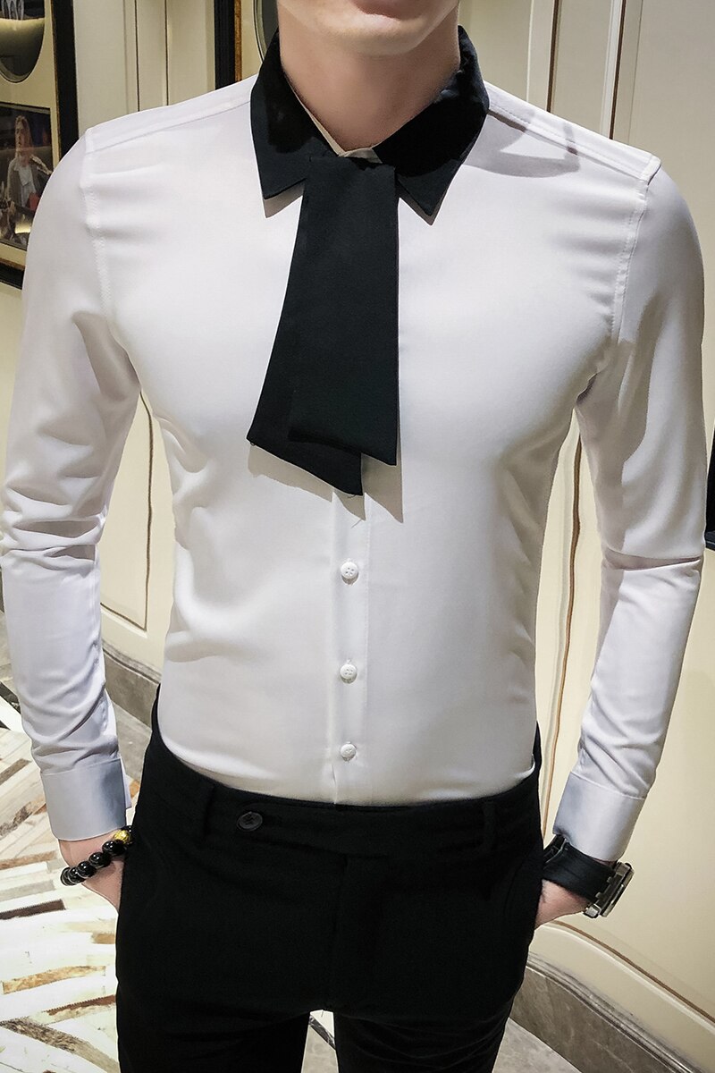 British Style Simple Tuxedo Shirt Men All Match Tie Long Sleeve Men Social Shirts Slim Fit Party Wear Blouse Homme 3XL-M
