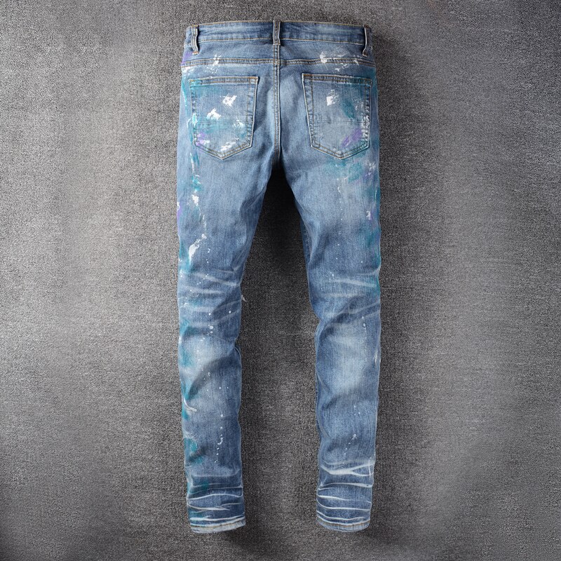 Streetwear Mannen Jeans Slim Fit Blauwe Verf Vernietigd Ripped Jeans Mannen Biker Broek Streetwear Hip Hop Jeans Homme