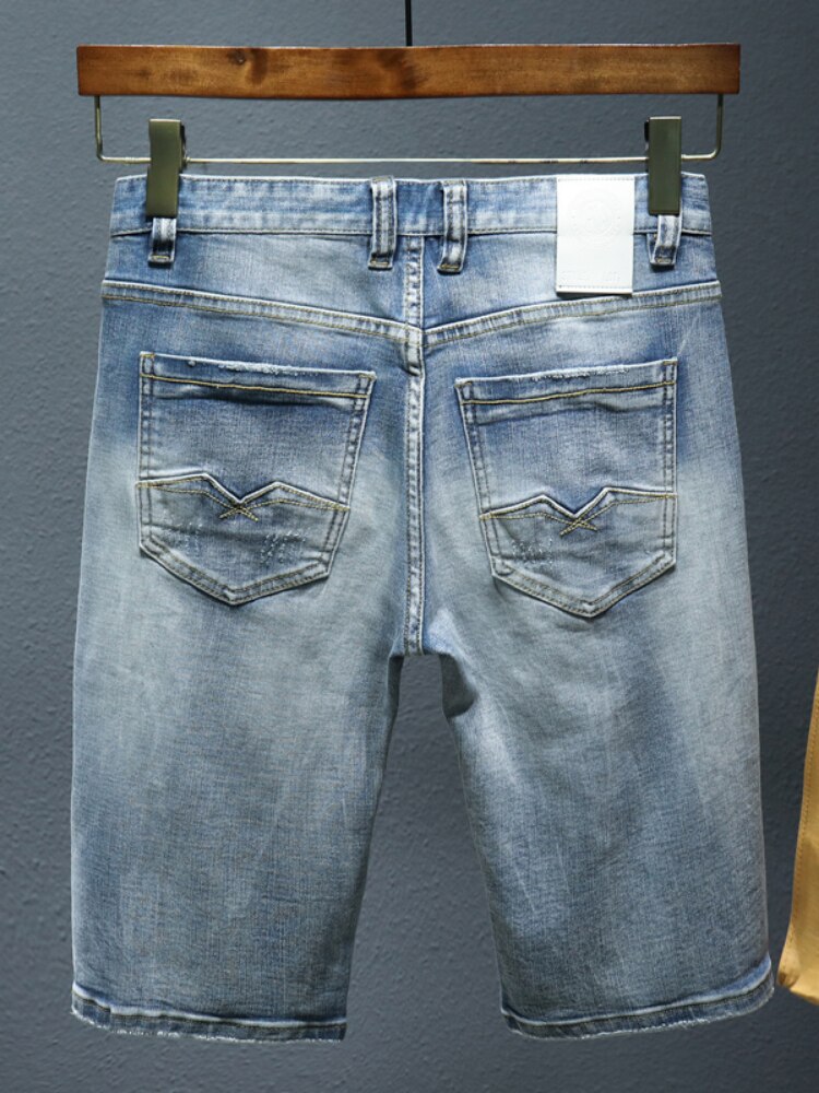 Pantalones cortos clásicos de mezclilla para hombre, Jeans deshilachados, elásticos, deshilachados, de cinco puntos, ropa de calle, novedad de verano