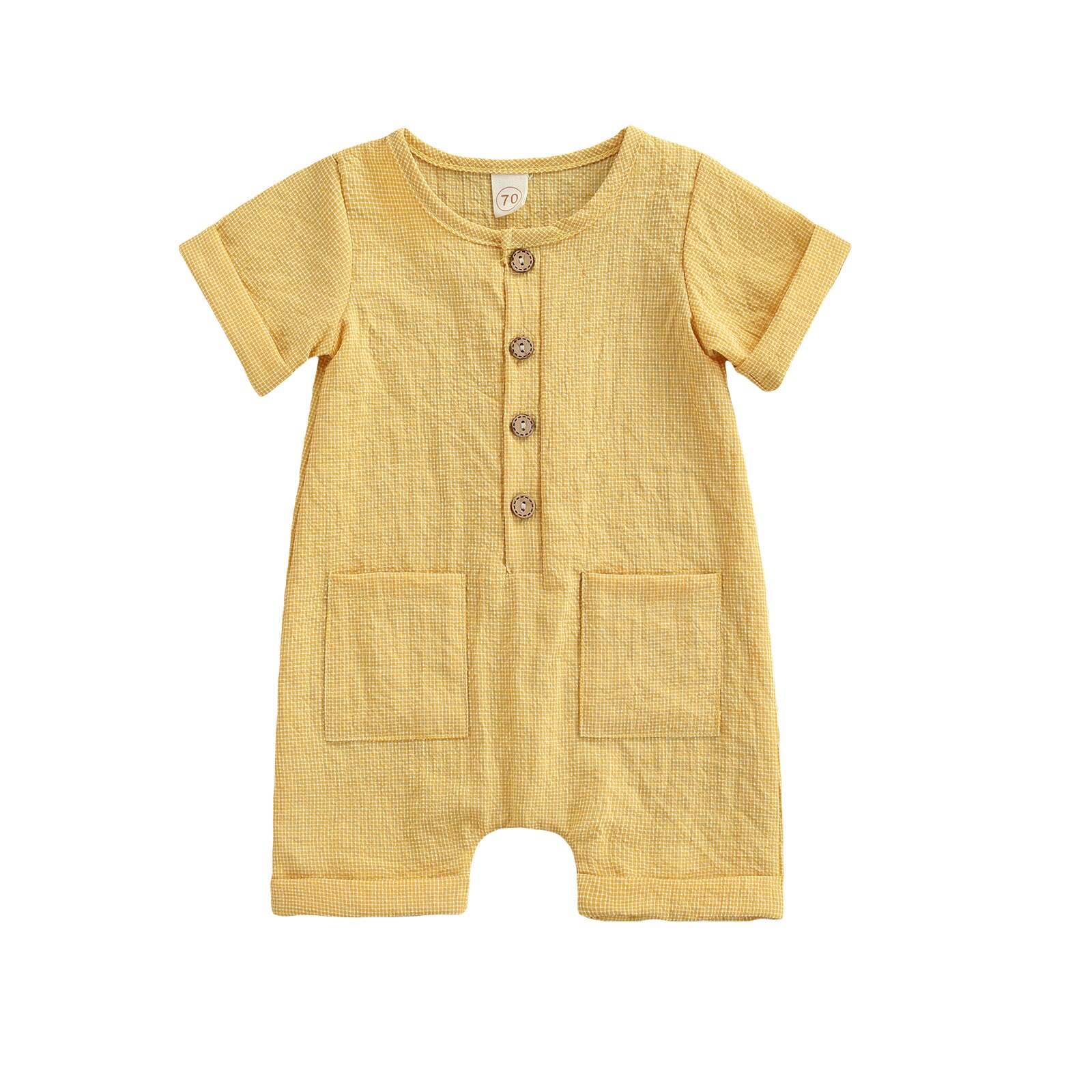 Baby Jongens Meisjes Jumpsuit, Baby Zomer Creatieve Gele Ronde Kraag Korte Mouw Pocket Decoratie Borst Knop Toevallige Romper