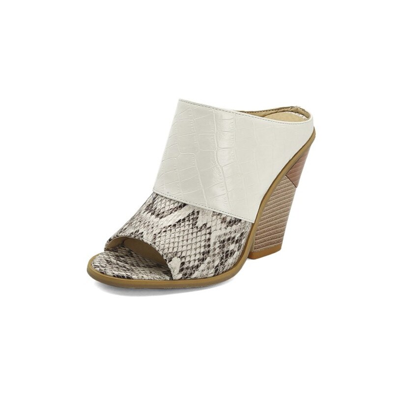 PXELENA Punk Rock Chunky Block Strange High Heels Slides Women Open Toe Mixed Color Snake Print Summer Slippers Gothic Lady: White / 4.5