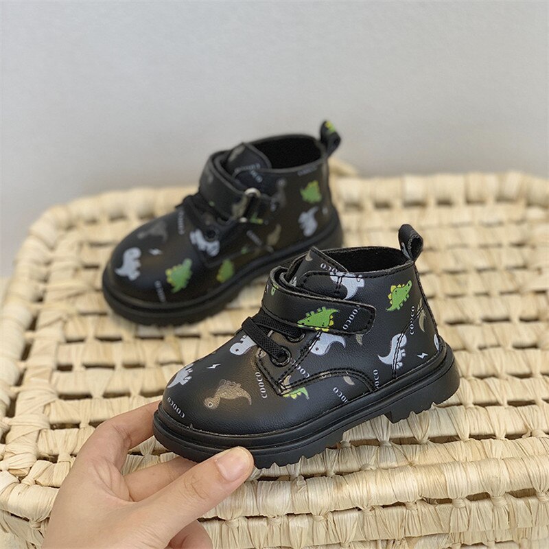 winter neue baby high-top nette kleinkind stiefel jungen dinosaurier haken runde kopf baumwolle warme stiefel mädchen cartoon baby martin stiefel: Black / 16 insole 12 cm