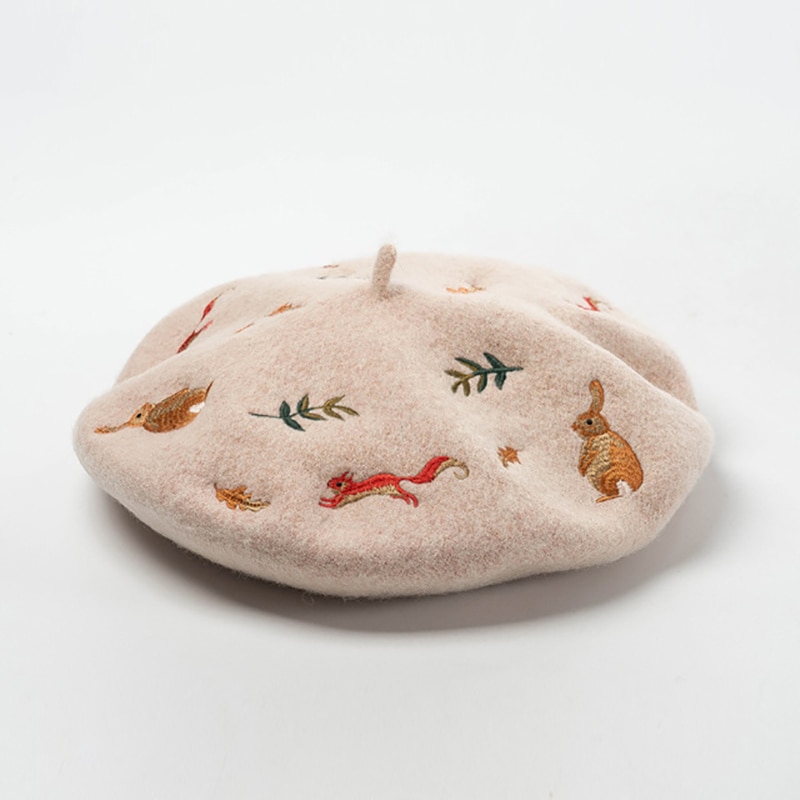 Boina bordada con hojas de ardilla y conejo Mori para mujer, gorro de lana de Cachemira, cálido, a la , para artista francés, Invierno