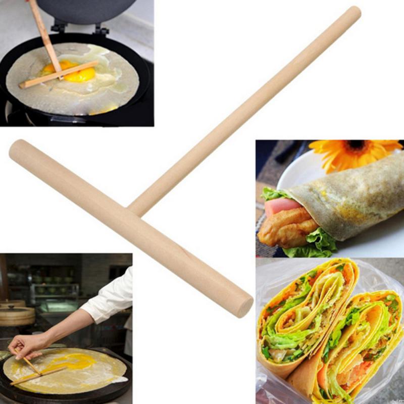 1pcs Practical T Shape Crepe Maker Pancake Batter Spreader Stick Wooden DIY Chinese crepes omelette Pie Tools Rack Spreader