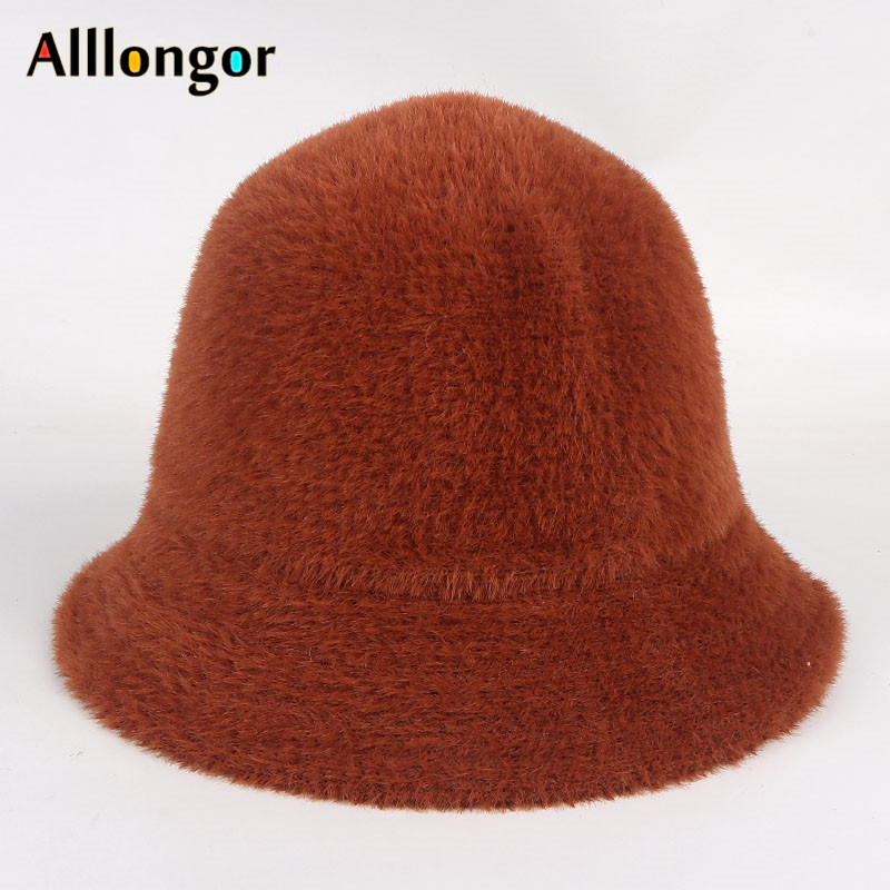 Winter Hat Women Bucket Hat Femme Autumn Warm Solid Casual Plush Faux Fur fishing cap Solid Wool fisherman&#39;s hats mujer