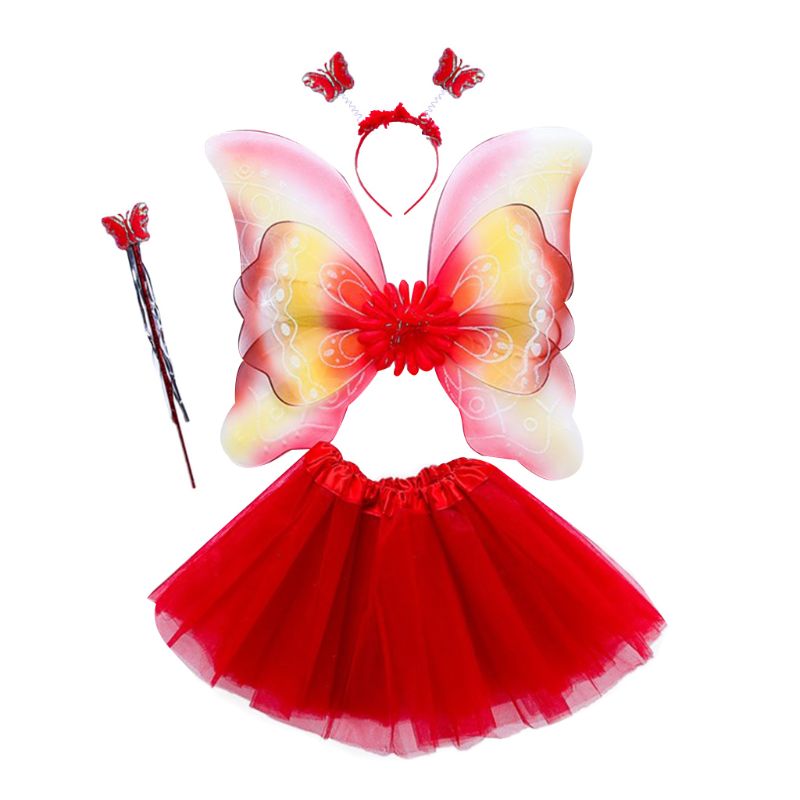 4Pcs Girls Fairy Costume Set Rainbow Butterfly Wings Three Layers Tulle Tutu Skirt Wand Headband Princess Halloween Party 3-8T: Red