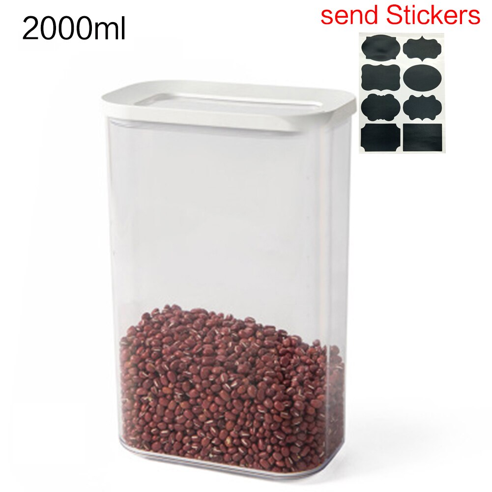 Plastic airtight jar kitchen storage box white lid food jar fresh-keeping transparent container sticker kitchen storage: 2000ml