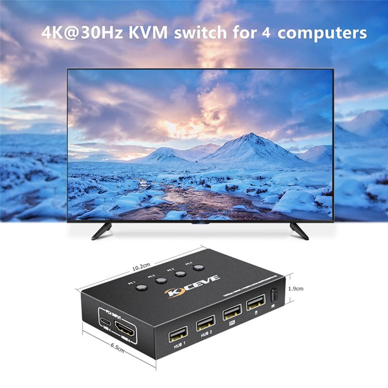 KVM Switch HDMI-Compatible 4 Port Box 4K@60Hz USB for 4 Computers Share Keyboard Mouse Printer and one HD Monitor