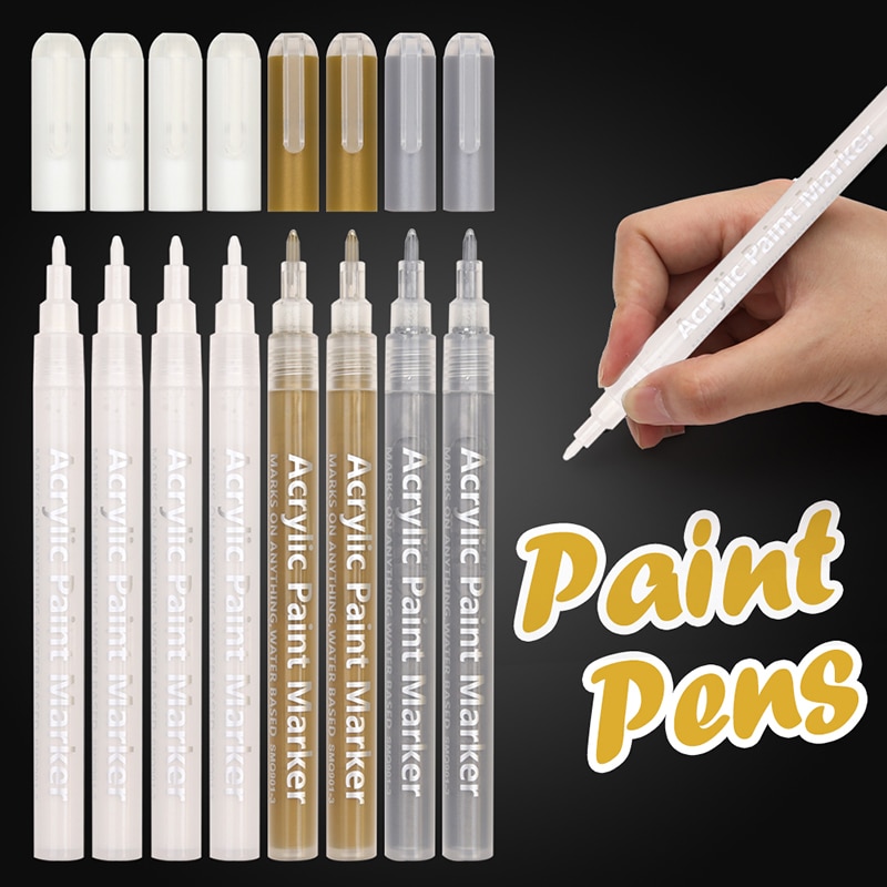 Witte Verf Pen, 0.8mm Acryl Wit Goud Zilver Permanente Marker Pennen voor Hout Rock Plastic Glas Steen Metaal Canvas 8 Pack