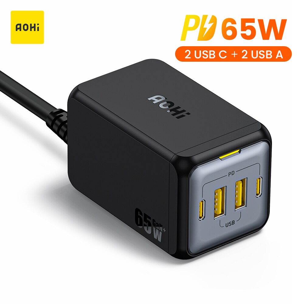 AOHI USB C Ladegerät GaN 65W 4-Port Desktop USB Ladestation PD Schnelle Lade Adapter für Macbook iPhone 13 12 Pro Max Galaxy