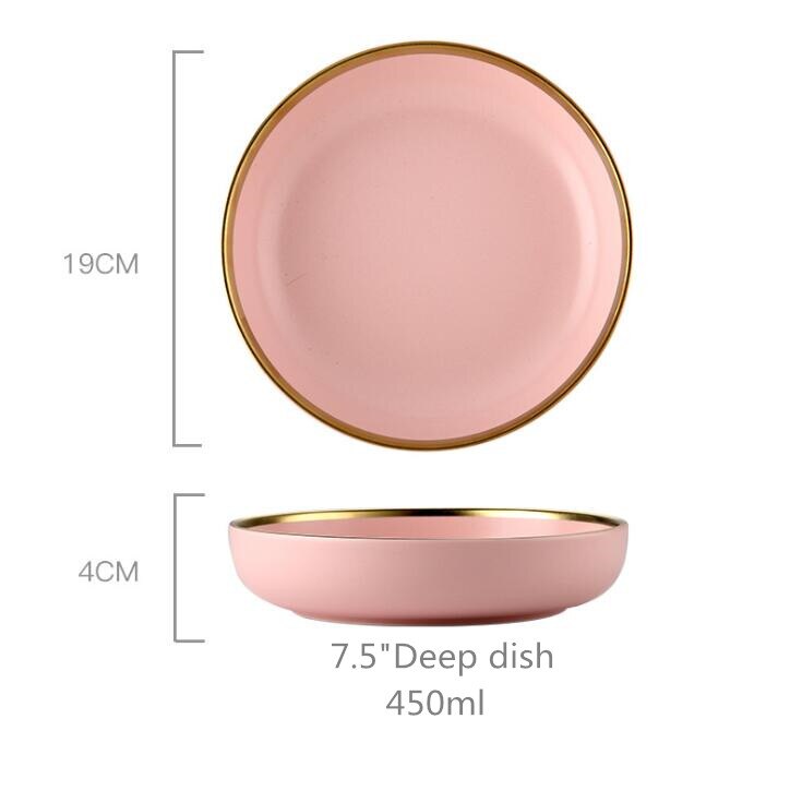 Porslinsmiddagstallrik Set Rosa Guld Kant Keramik Servis Maträtter Ris Sallad Nudlar Skål Mugg Bestick Set 1 st: 7.5 tum djup skål