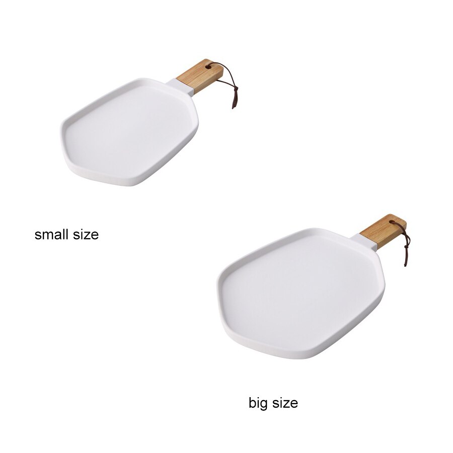 MUZITY Ceramic Plates With Wooden Handle Pigmented Irregular Porcelain Dish Plate Dinner Set: White / Big Size