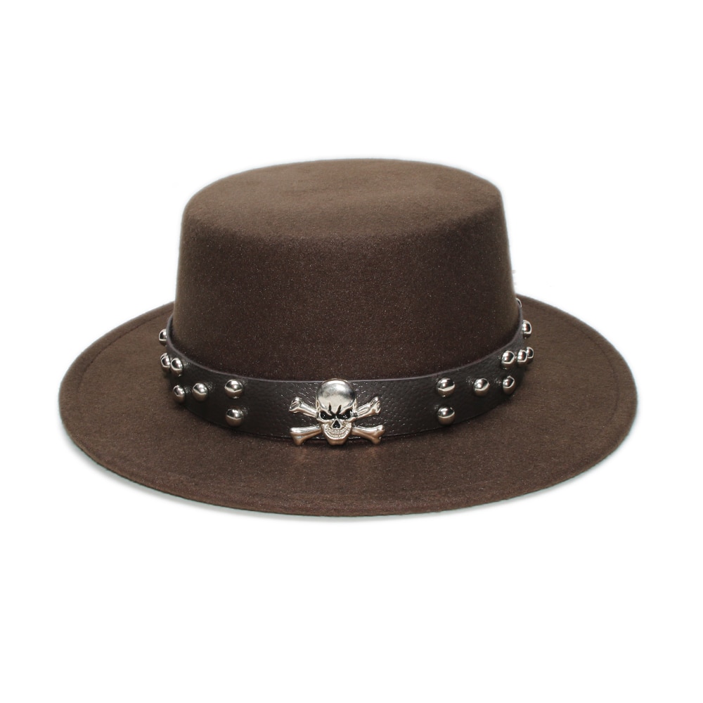 Retro dödskalle läderband förälder-barn unisex /barn ull bred brätte fedora fläskpaj fläsk-paj hatt bowler rund keps  (57cm/54cm): Brun / Barn storlek 54cm