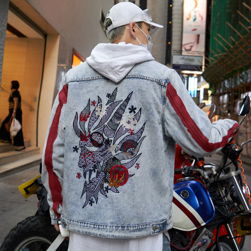 Harajuku Stickerei Drachen Jacke Jeans Straße Hüfte hüpfen Männer Jahrgang Gewaschen Denim Jacke Herbst verrotten Gestreiften Denim Jacken