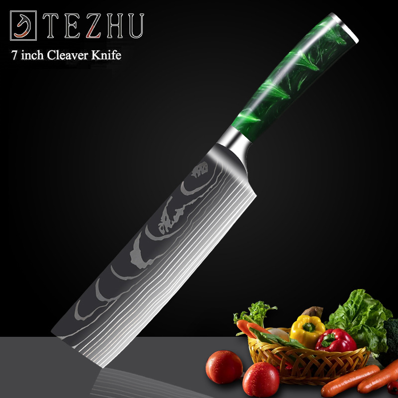 Professionele Keuken Messen Set Japanse High Carbon Staal Chef Messen Imitatie Damascus Patroon Slicer Santokumes Set: Kitchen knife