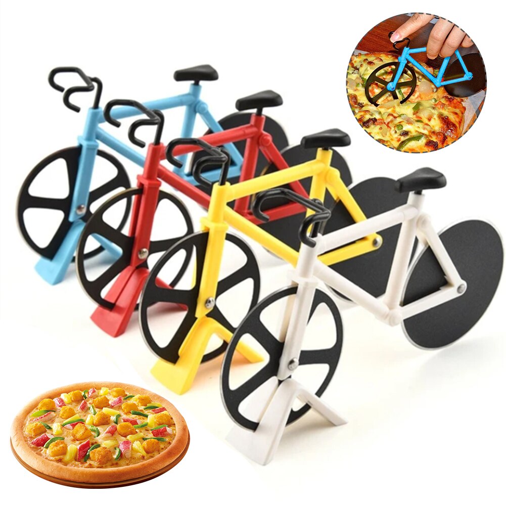 Cortador de Pizza con forma de bicicleta, cuchillo antiadherente de dos ruedas para cortar Pizza con soporte, herramienta de Pizza de acero inoxidable, suministros de cocina