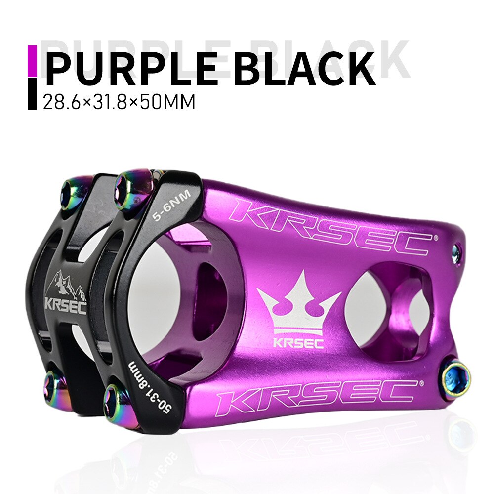 KRSEC bicycle stem mtb stem ultra-light CNC hollow aluminum alloy short stem DH/FR/XC/AM 31.8*28.5*50mm riser bicycle parts: purple and black