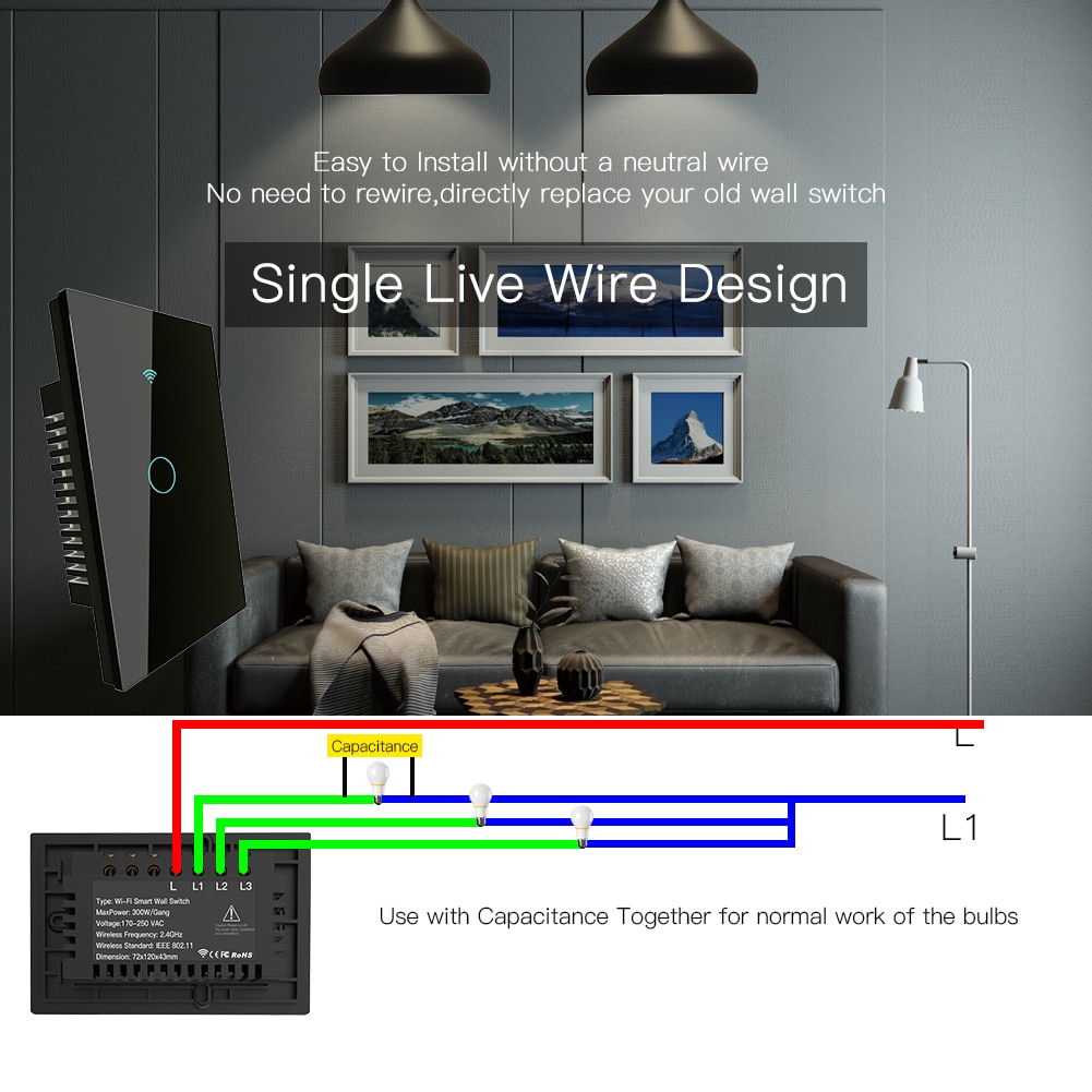 RF433 WiFi Smart Wall Touch Switch No Neutral Wire Needed Smart Single Wire Wall Switch Work with Alexa Google Home 170-250V