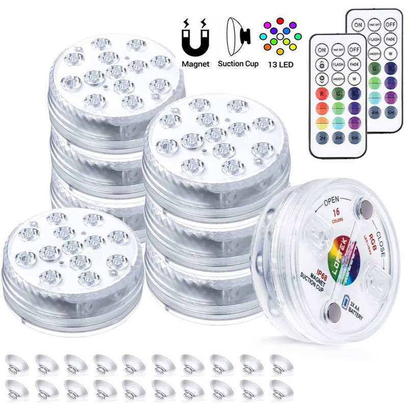 13 LED RGB Submersible Light with Suction Cups and Magnets IP68 Waterproof Fountain Swimming Pool Light Underwater Night Lamp