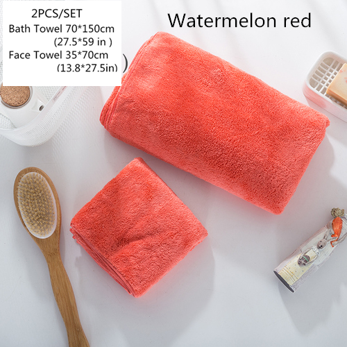 2 stk badehåndklædesæt 70*150cm ekstra store & 35*70cm mellemstore ansigtshåndklæder blødt superabsorberende mikrofiber håndklædesæt badeværelse frotté: Vandmelon rød