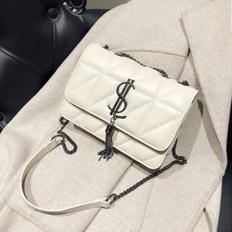 Gewatteerde Lederen Ketting Crossbody Tassen Voor Vrouwen Mode Kwastje Schoudertassen Alle Match Messenger Bag Portemonnees En Handtassen: White Black Label