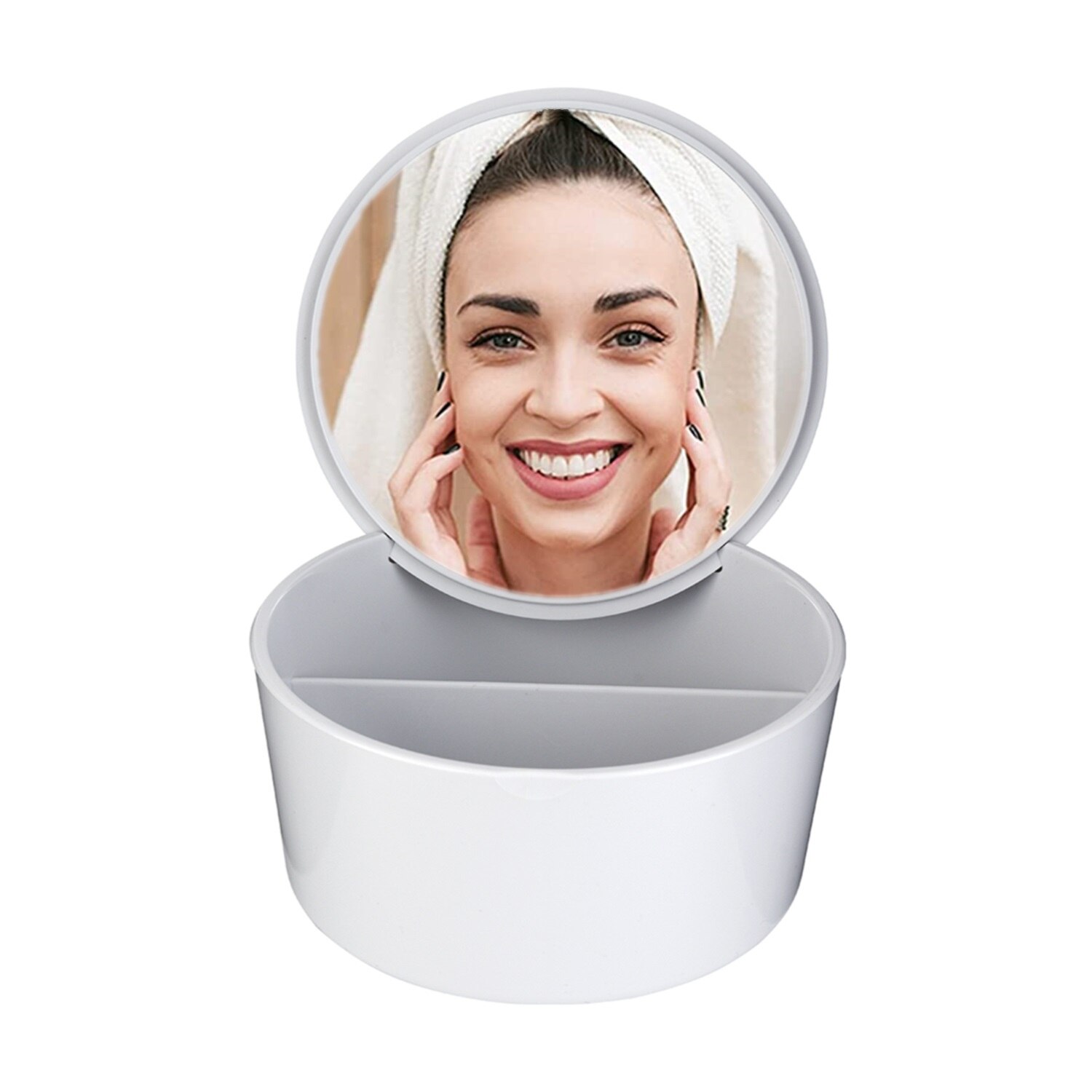 Portable Makeup Mirror Set With Storage Box Container Vanity Mirror Desktop Organizer for Cosmetics: White