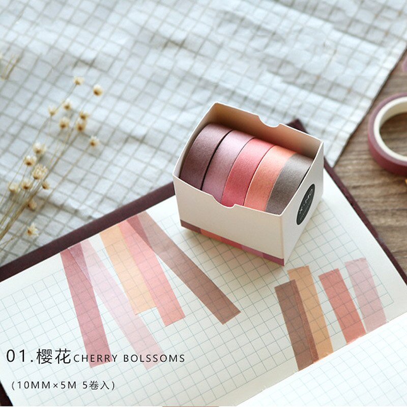 5pcs /set Adhesive Masking Scrapbooking Sticker Washi Tape Solid Rainbow colors: Cherry blossoms