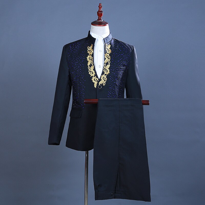 Witte Diamant Stand Kraag 2 Stuk Smoking Pak Mannen Borduren Party Wedding Suits met Broek Podium Zanger Kostuum Homme