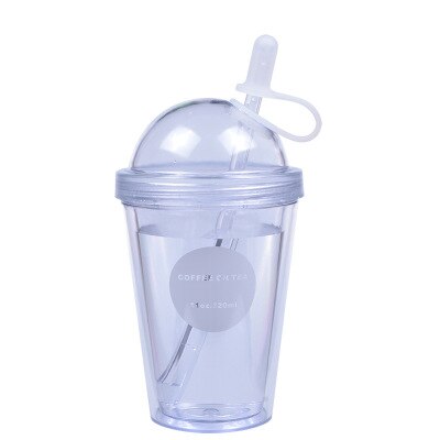 plastic adult mugs with straw milk tea coffee cup with lid double-deck student couple juice glass portable water bottle: white / 320ml