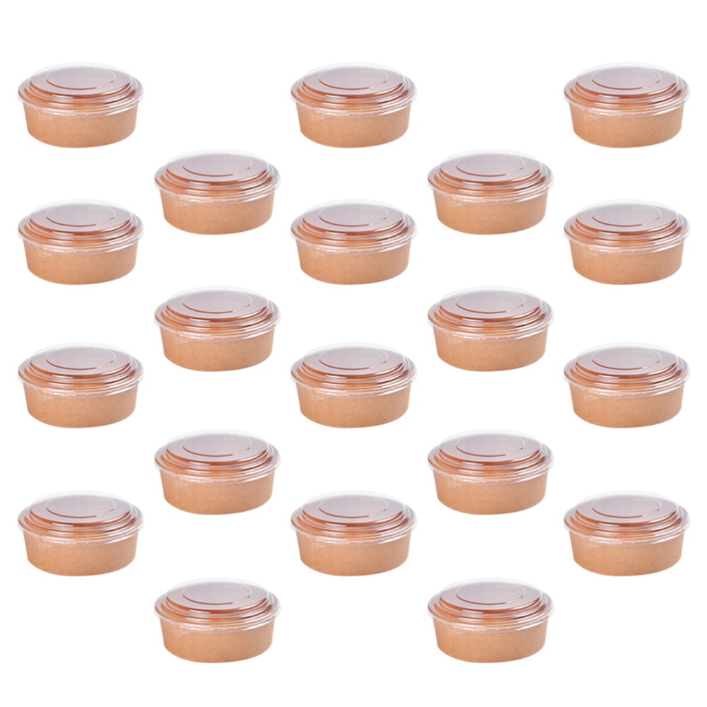 20pcs Disposable Kraft Paper Bowls Fruit Salad Bowl Food Packaging Containers Party Favor (16oz, with Lid)