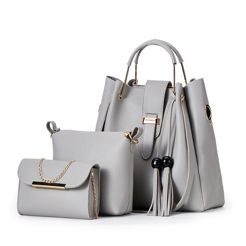 3 uds. Bolsas compuestas para las mujeres, juego de nuevas bolsas de hombro de cuero PU, bolso de borla, bolso Casual, bolso de mensajero compuesto de: light gray