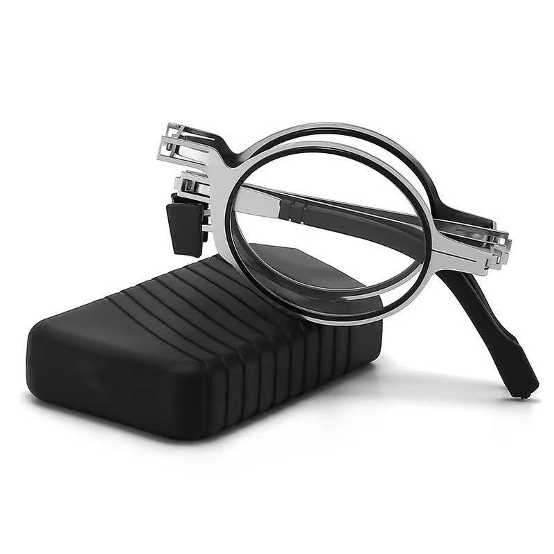 Ochelari de citit retro pliabili pentru bărbați/femei, cu ramă metalică, anti-lumină albastră, cu husă gratuită: Negru / +200