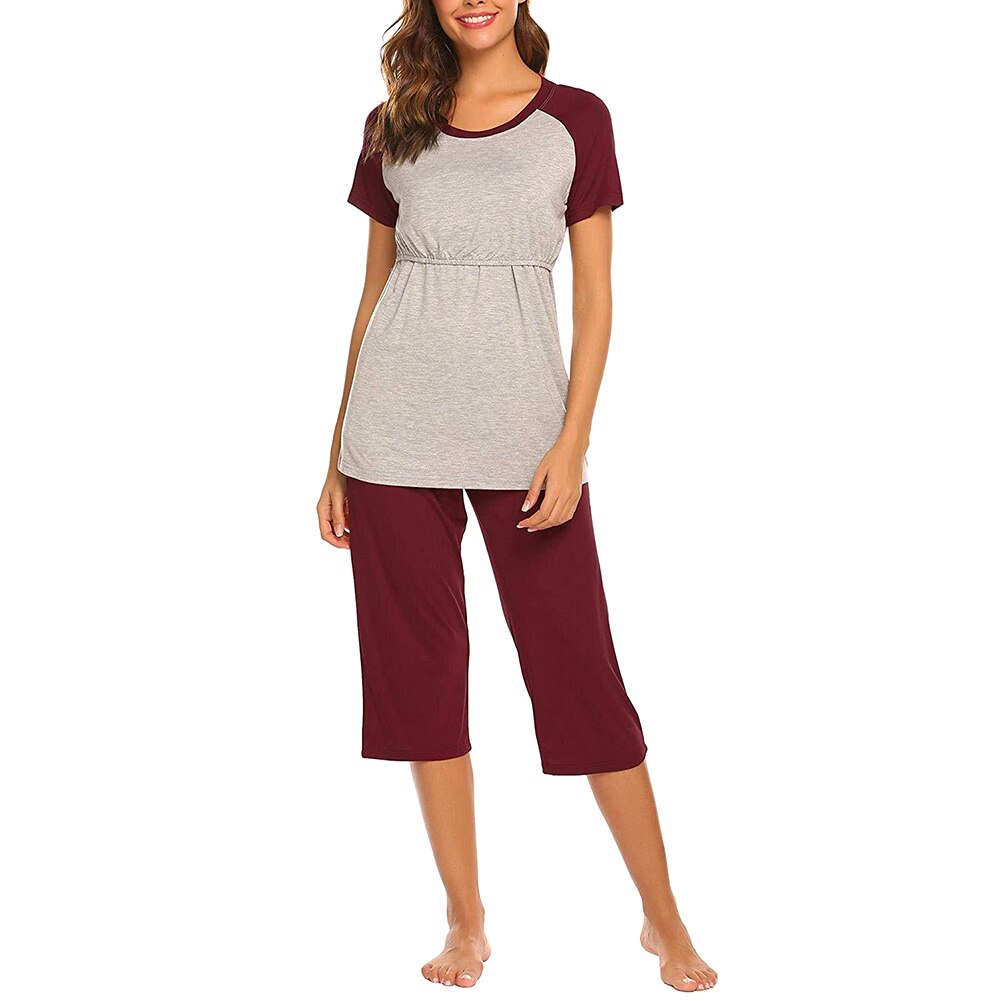 Femmes allaitement hôpital soins infirmiers pyjama ensemble élastique manches courtes pour maternité automne taille réglable hauts 3/4 pantalon maison: Wine Red / XXL