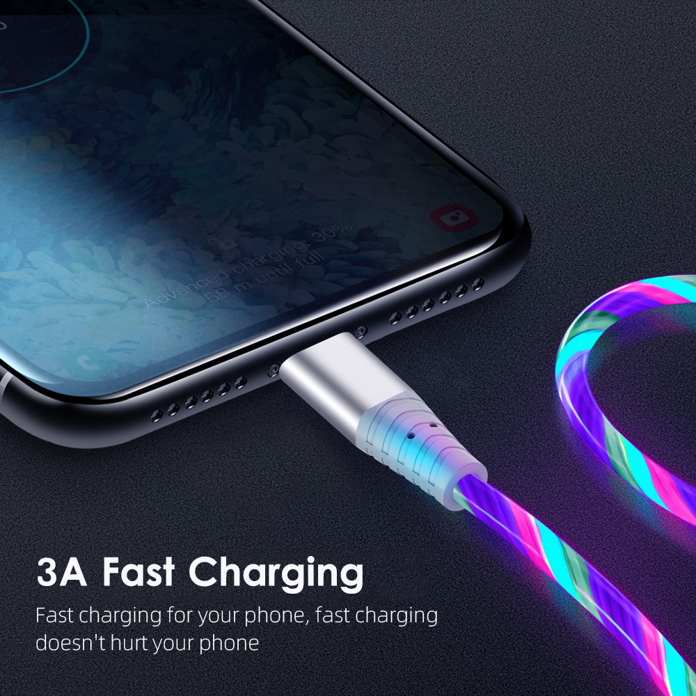 Nnbili 3a lysende opladningskabel led micro usb type c kabel hurtigopladning til huawei xiaomi lysende streamer usb c ledning
