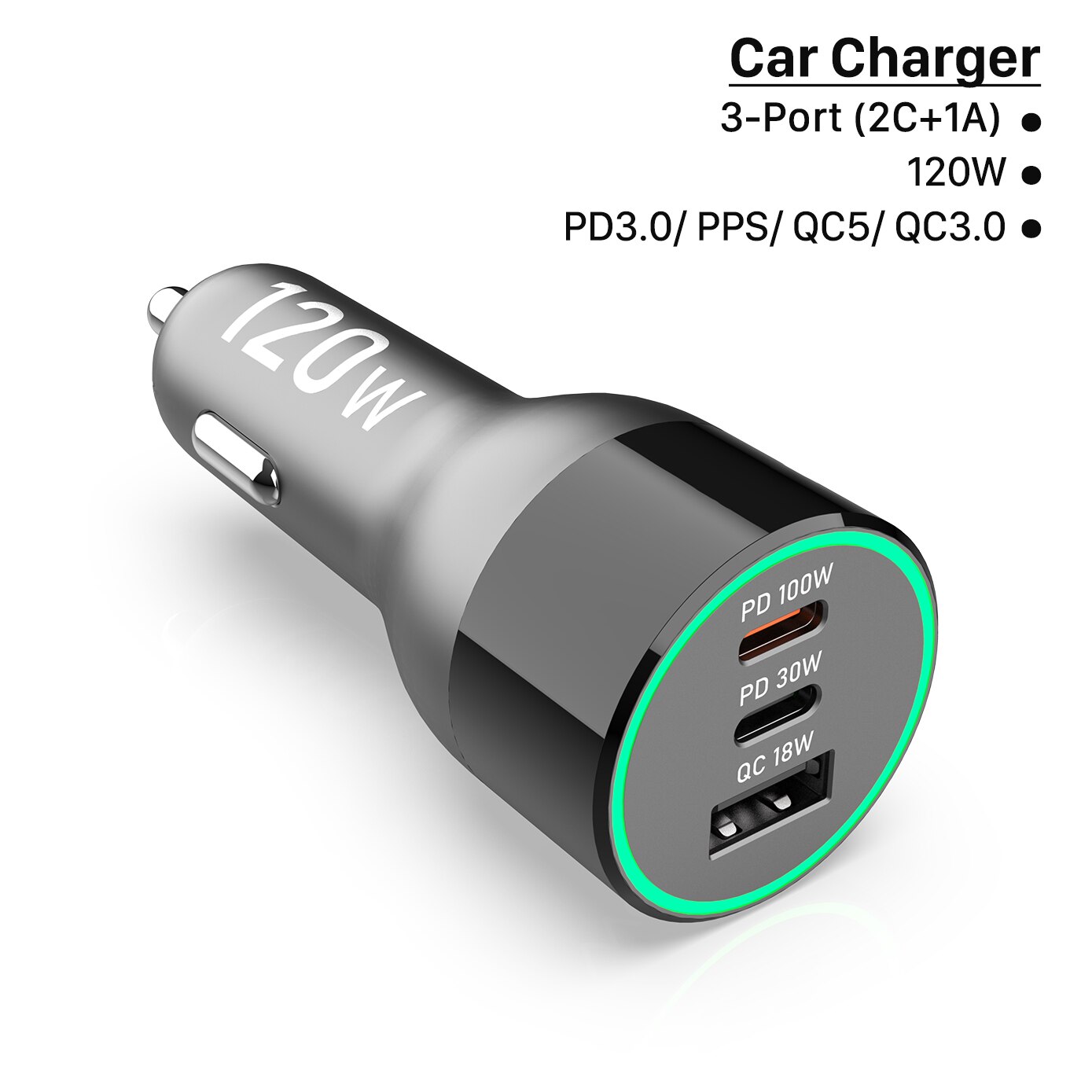 3-Port Usb C Auto-oplader 120W, QC5 Pd 100W Pps 45W 30W QC3.0 18W Voor Xiaomi Lenovo Type-C Laptop Macbook iphone 13 Samsung S20: 3-Port