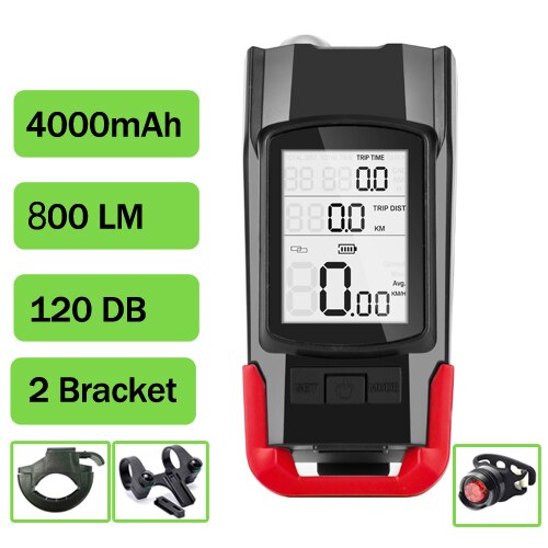 Wireless Bicycle Computer MTB Cycling Bike Odometer Stopwatch Speedometer Integrated 800LM Headlight 120DB Horn Accessories: Red D