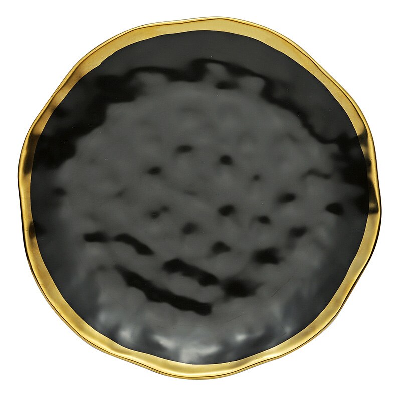 Ceramic Dinner Plate Gold Inlay Snack Dishes Luxury Gold Edges Plate Dinnerware Kitchen Plate Black White Tray TablEware Set: Black / 1 samll 1 large