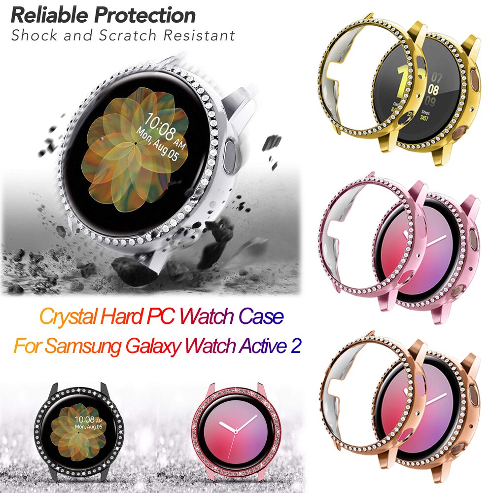 Bling diamond hard pc klokkekasse støtfangerramme heldeksel deksel beskytter shell skin for samsung galaxy watch active 2 40mm 44mm