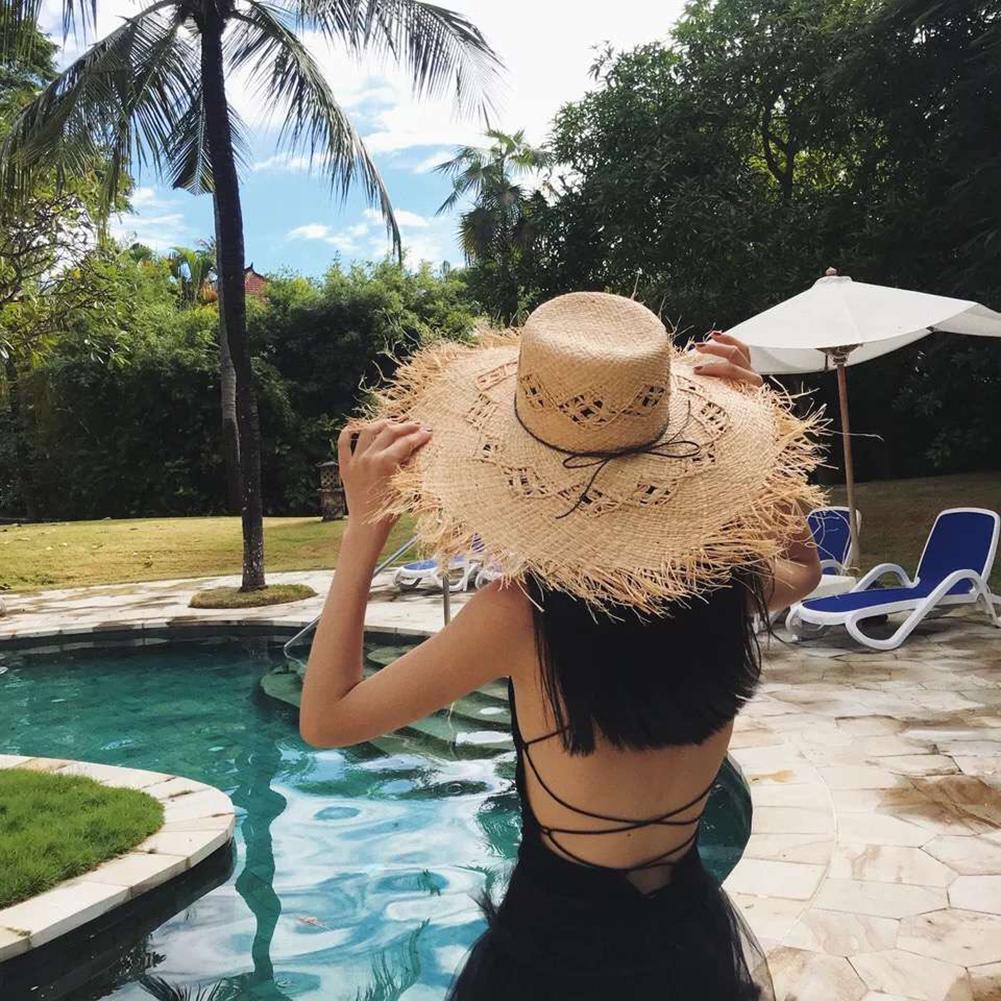 Zomerstrandhoed van harige raffia stro, handgeweven hoeden voor dames, grote piek voor buitenreizen, zonnehoed, zonnepet