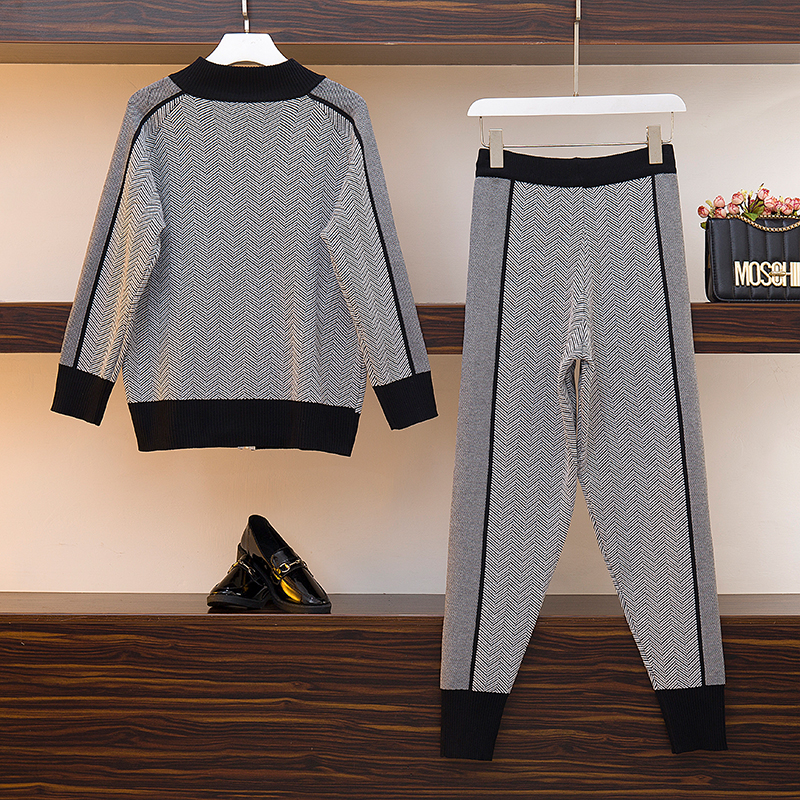 Autumn Women Geometric Knitting Tracksuit Zipper Cardigans jacket+ Pants Female Winter 2pcs Sports Set