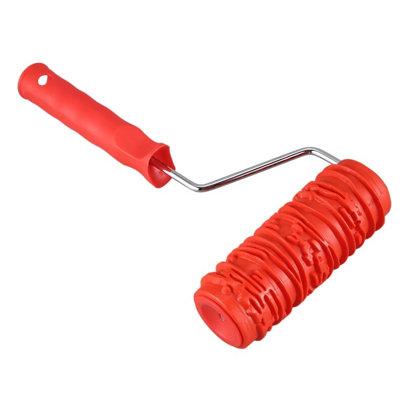 AYHF-6 Inch Painting Roller with Handle Rubber Wood Pattern Graining Knurling Tool for Wall Decoration Red