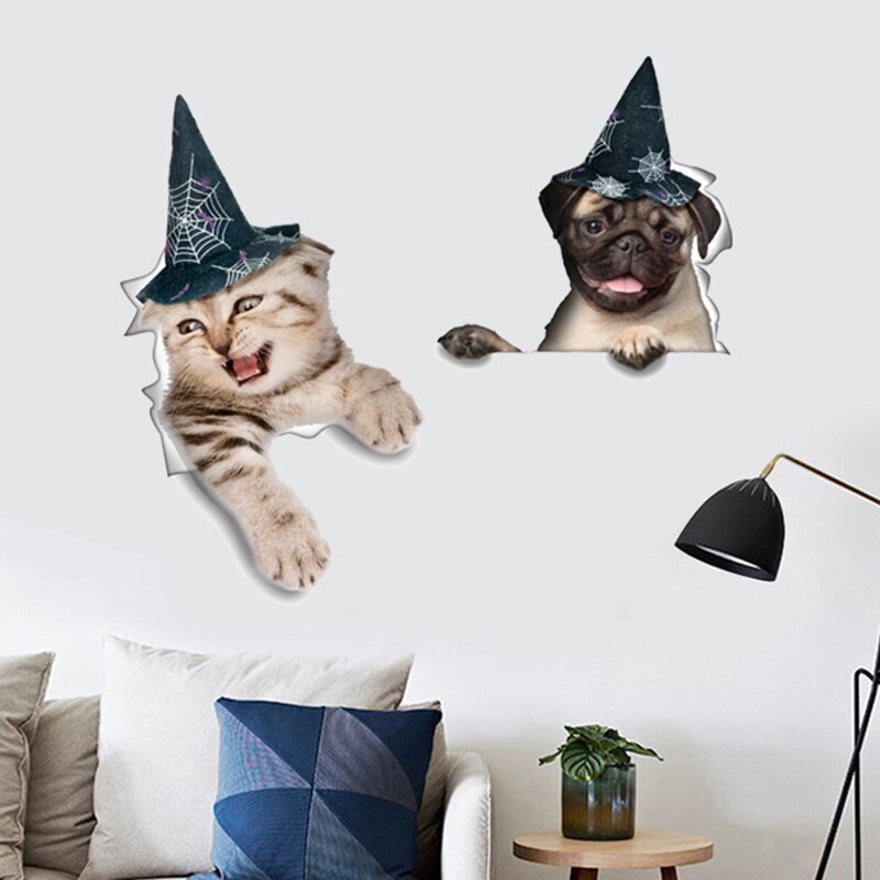 3D Gebroken Muur Muursticker Kitten Puppy Pompoen Horror Halloween Wc Sticker Home Decor Diy Cartoon Simulatie Muur Decals