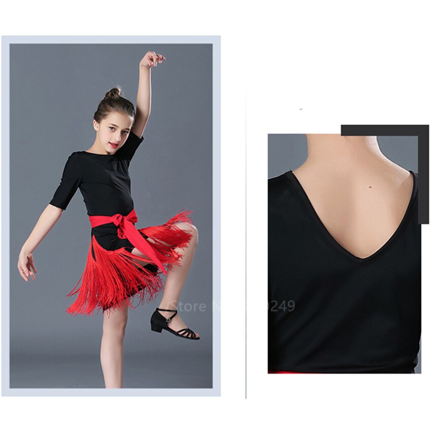 Latinsk dansekjole pige kvast nederdel latinsk salsa børn balsal kjoler halværmet frynser samba karneval kostumer tango børn