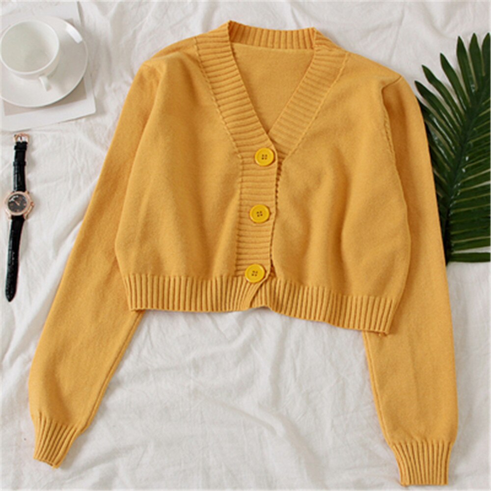 Women's Cropped Cardigan Sweaters Female Black White Short Sweater V Neck Single Breasted Sweater Woman Knitted Cardigan PZ3230: Yellow