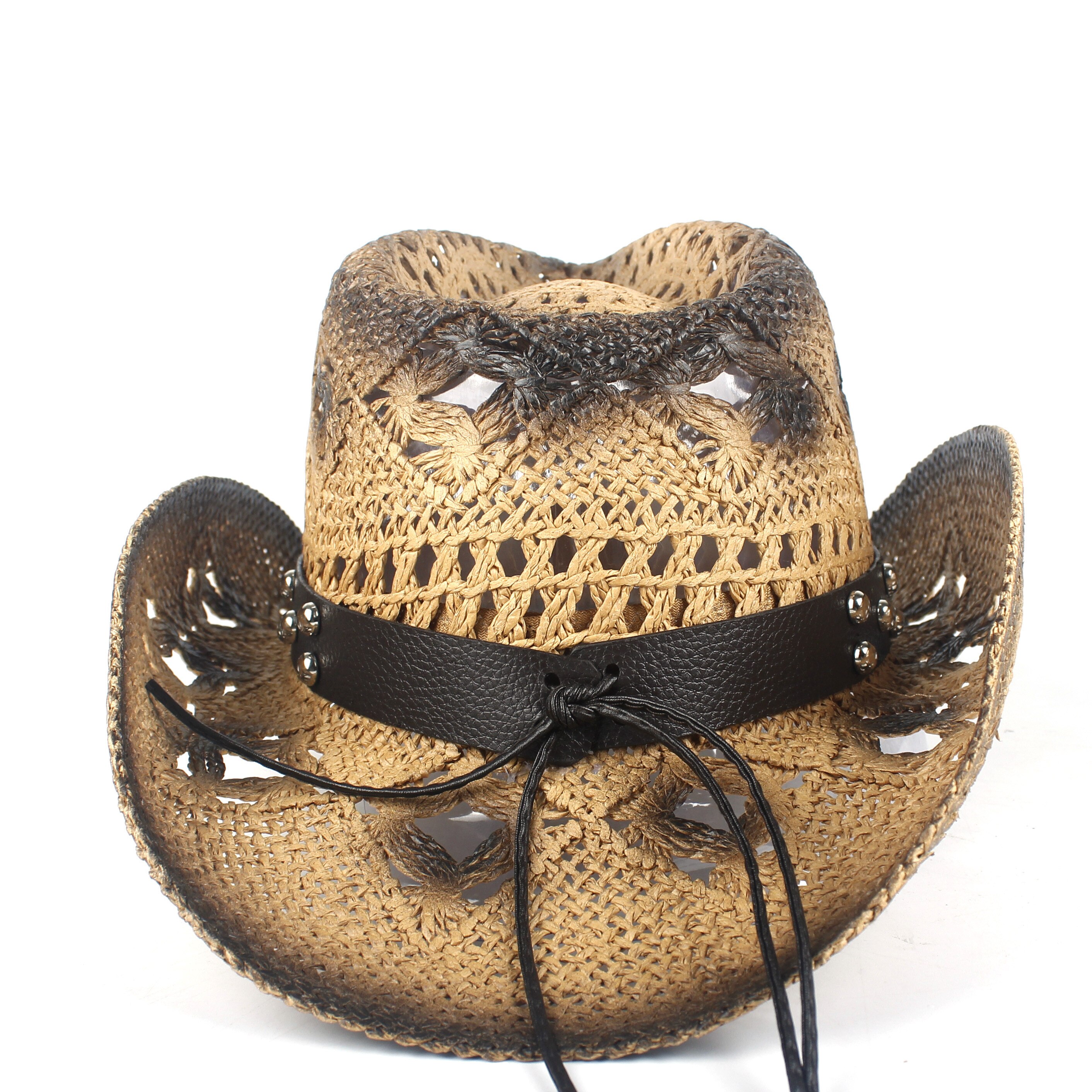 Sombrero de paja estilo vaquero occidental para Hombre y mujer, Sombrero de paja estilo vaquero occidental, hecho a mano, para playa, estilo Cowgirl, Jazz, talla 56-58CM