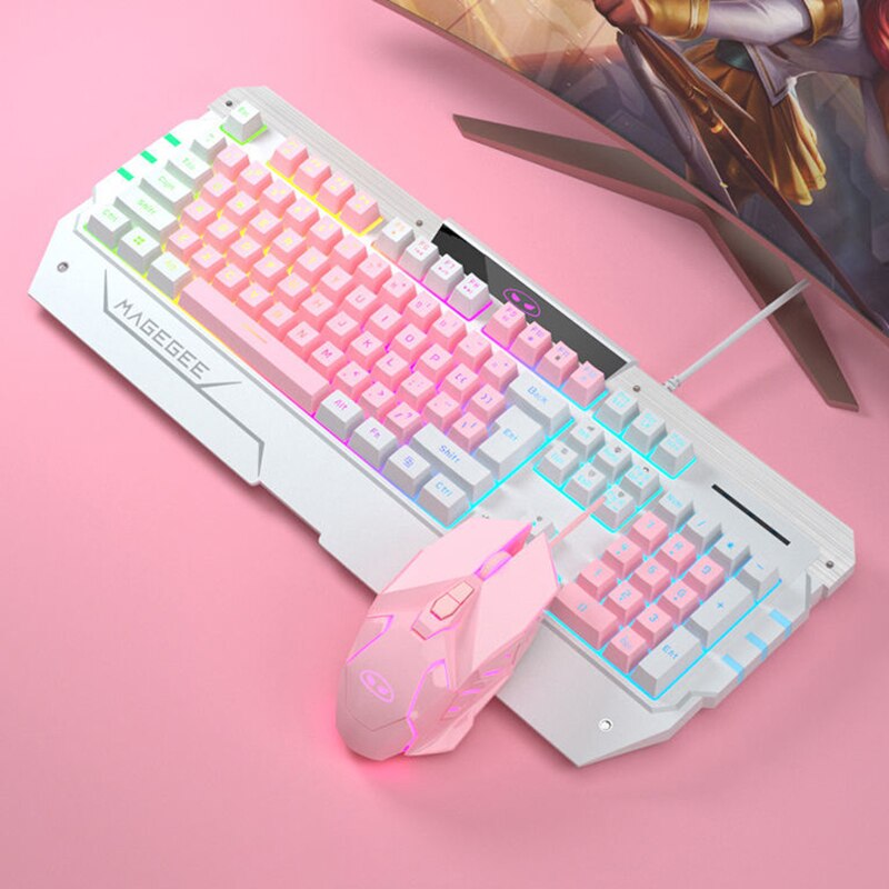Clavier de jeu mécanique à câble USB rose pour filles, avec capuchons de touches, souris et écouteurs: 02
