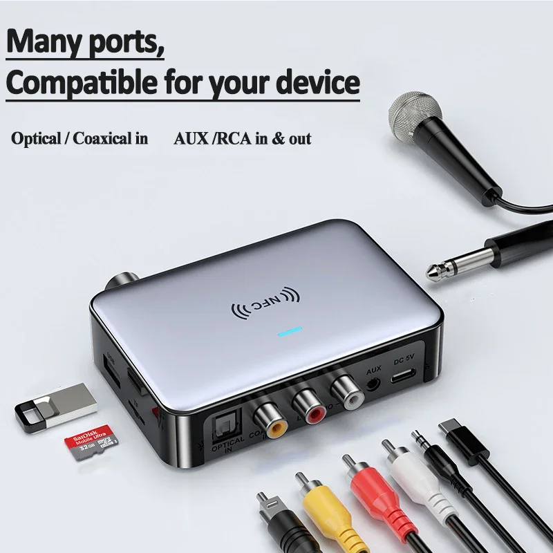 Bluetooth-mottagare, sändare , 5.0 nfc-stereo, 3.5mm aux-uttag, optisk koaxial, rca-trådlös ljudadapter, mikrofon, sjung för tv