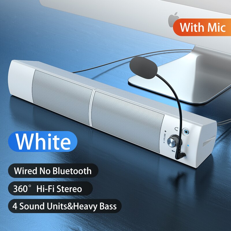 Altavoz con Bluetooth y barra desmontable para ordenador, Subwoofer con sonido envolvente, cable USB, reproductor de música Dual, novedad de: White wired mic